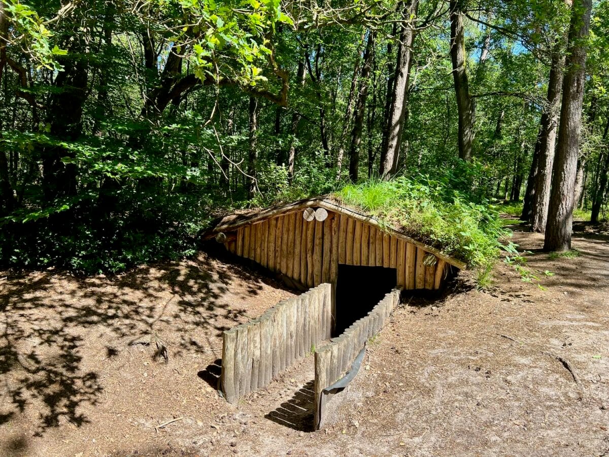 Nagebouwde hut van het Verscholen Dorp in de Soerelse bossen bij Vierhouten.